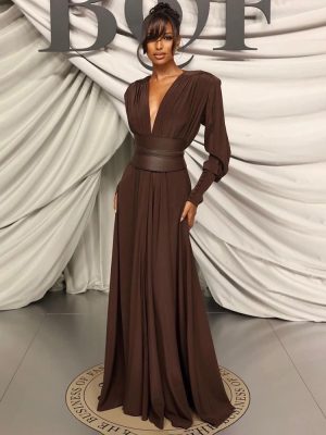 Chocolate Color Pleated Dress for Spring Summer