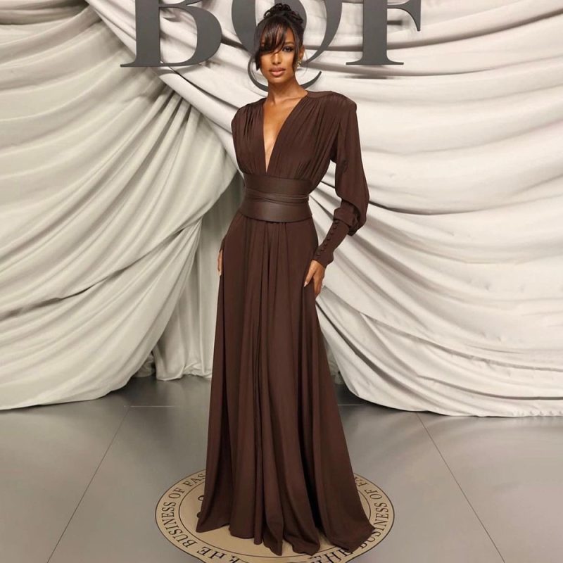 Chocolate Color Pleated Dress for Spring Summer