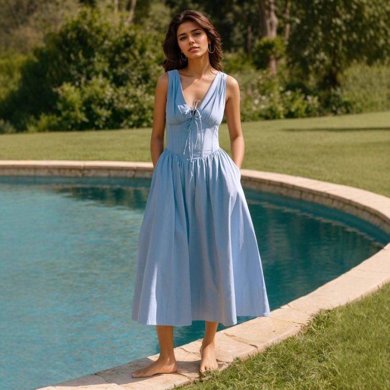 Summer V-Neck Slim Strap Lace-Up Dress