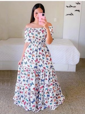 Women's Off-Shoulder Long Printed Summer Dress