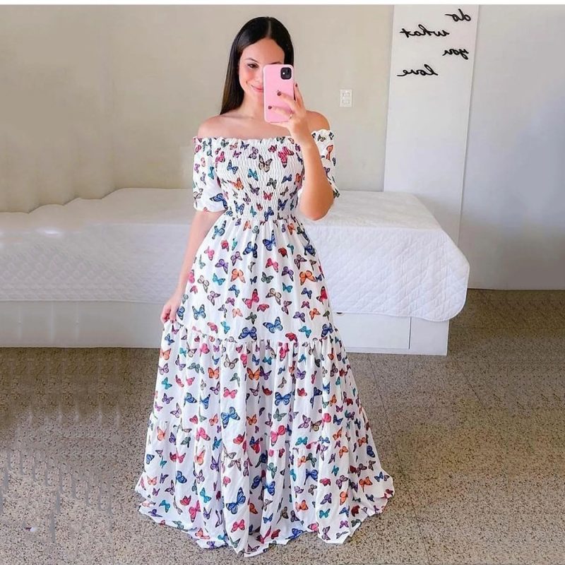 Women's Off-Shoulder Long Printed Summer Dress