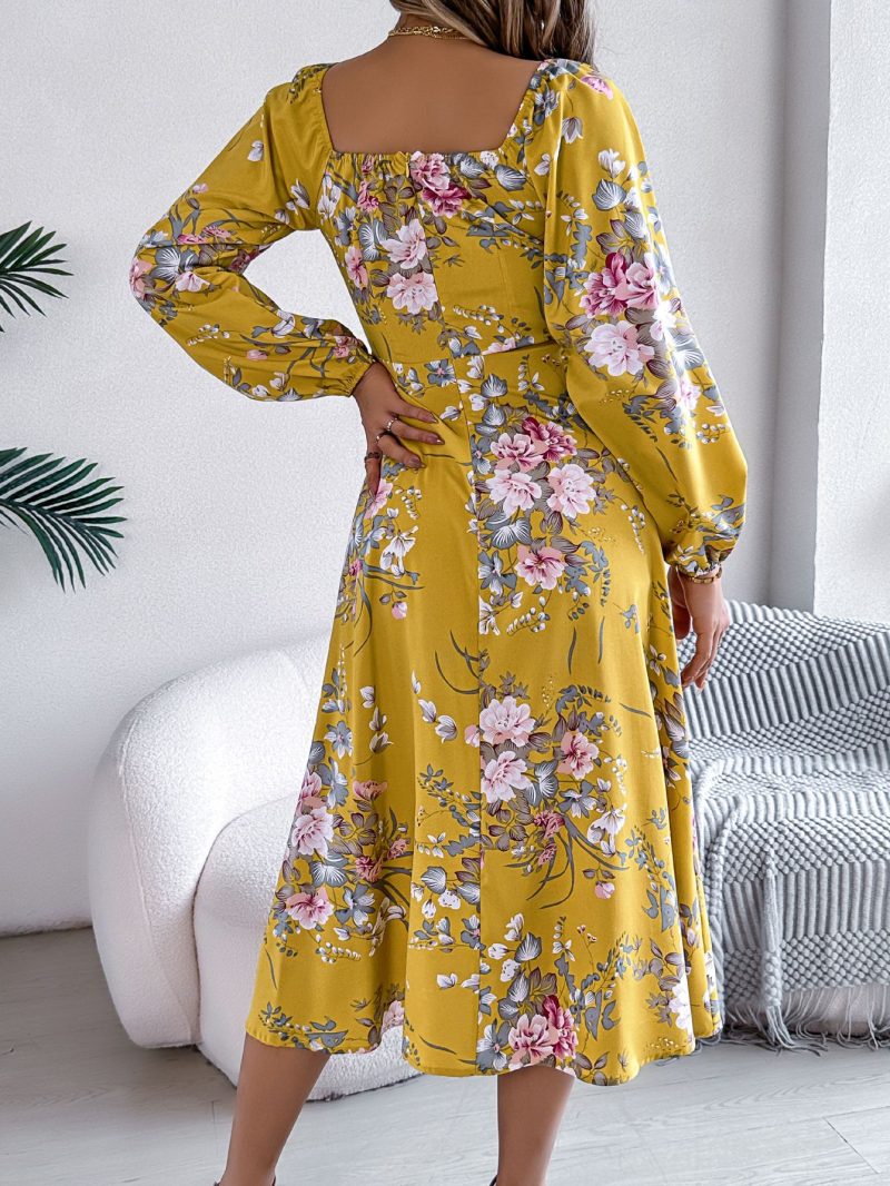 Floral Lace-Up Split Long Sleeve Dress - Image 4