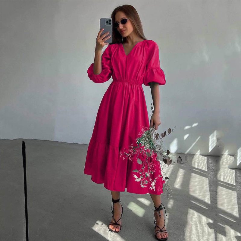 French V-Neck A-Line Office Summer Dress - Image 4