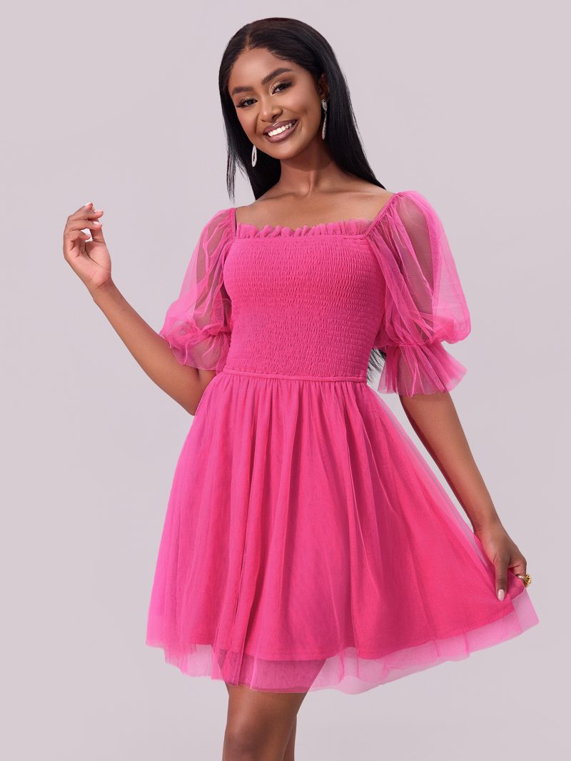 Off-Shoulder Long Sleeve Pleated Mesh Princess Dress - Image 3