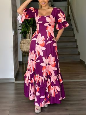 Square Collar Patchwork Ruffled A-Line Dress