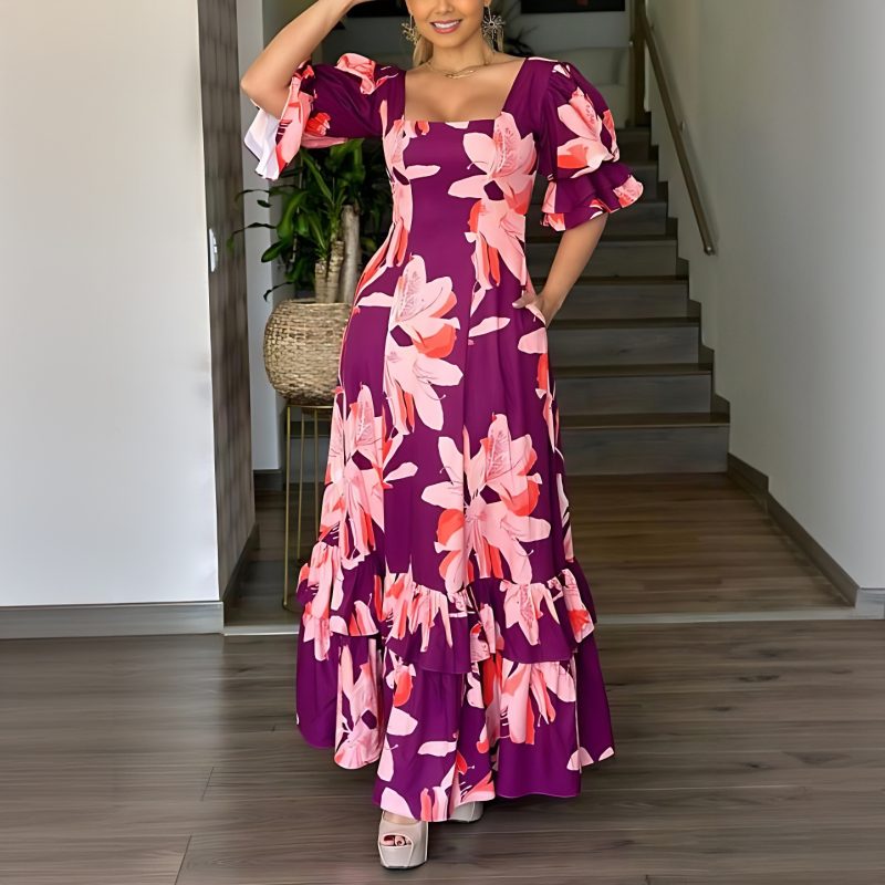 Square Collar Patchwork Ruffled A-Line Dress