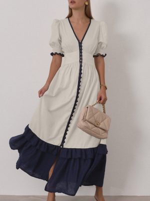 Linen Contrast Cardigan Dress with Ruffle Sleeves