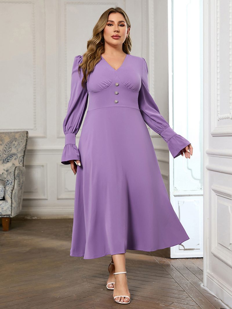 Plus Size Long Sleeve V-Neck Dress Women - Image 2