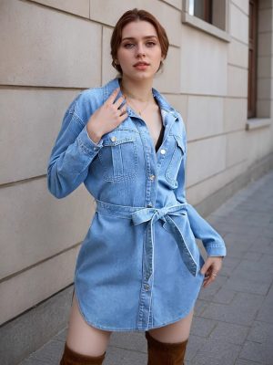 Non-Elastic Denim Collared Lace-Up Dress Women