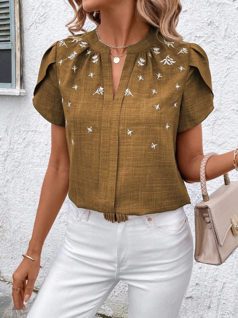 Spring Summer Half-Collar Short Sleeve Wrinkled Shoulder Printed Shirt - Image 3
