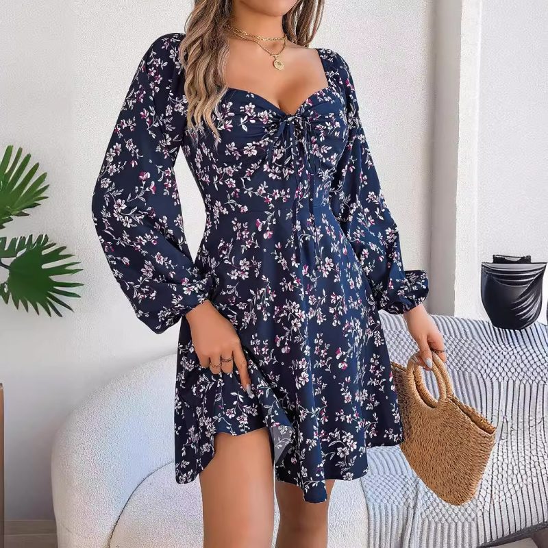 Floral Square Collar Lacing A-Line Dress - Image 4