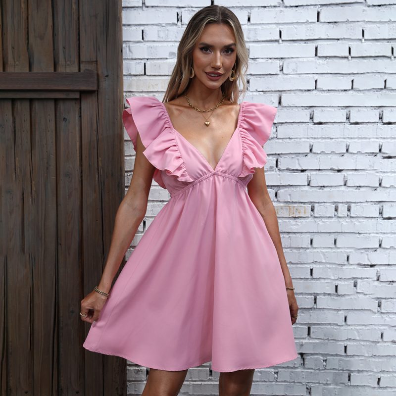 Pink Pleated Lace V-Neck Backless Dress - Image 3
