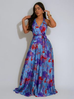 Printed Satin Backless Maxi Dress – Summer Halter Style