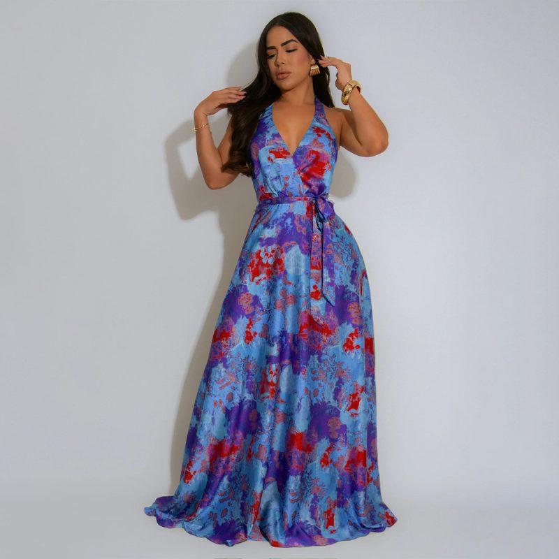 Printed Satin Backless Maxi Dress – Summer Halter Style
