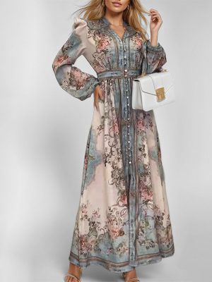 Elegant V-Neck Printed Long Sleeve Dress