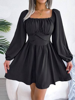 French Intellectual Square Collar Slim Pleated Dress