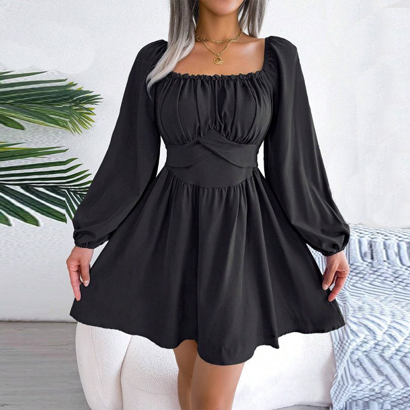 French Intellectual Square Collar Slim Pleated Dress