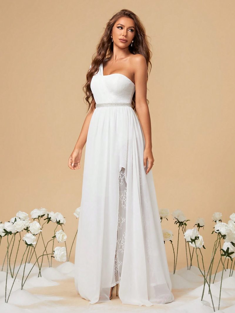 White One-Shoulder Slit Sexy Evening Dress - Image 2