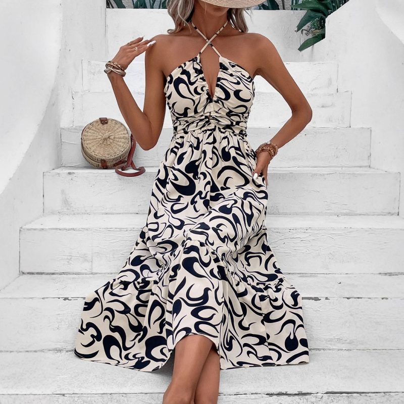 Printed Halter Backless High Waist Summer Dress