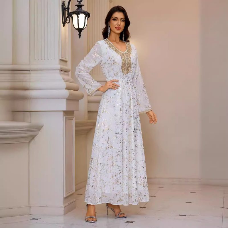 Women’s Long Sleeve Gold Pattern Maxi Dress - Image 2