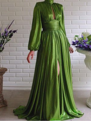 Avocado Green Halter Maxi Dress with Swing Skirt