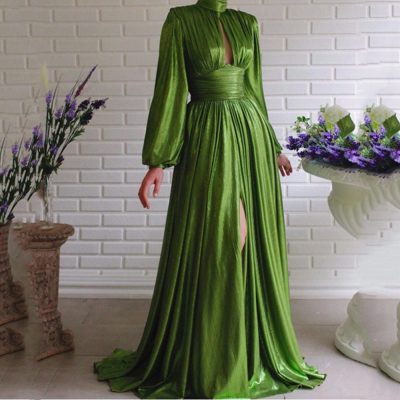 Avocado Green Halter Maxi Dress with Swing Skirt