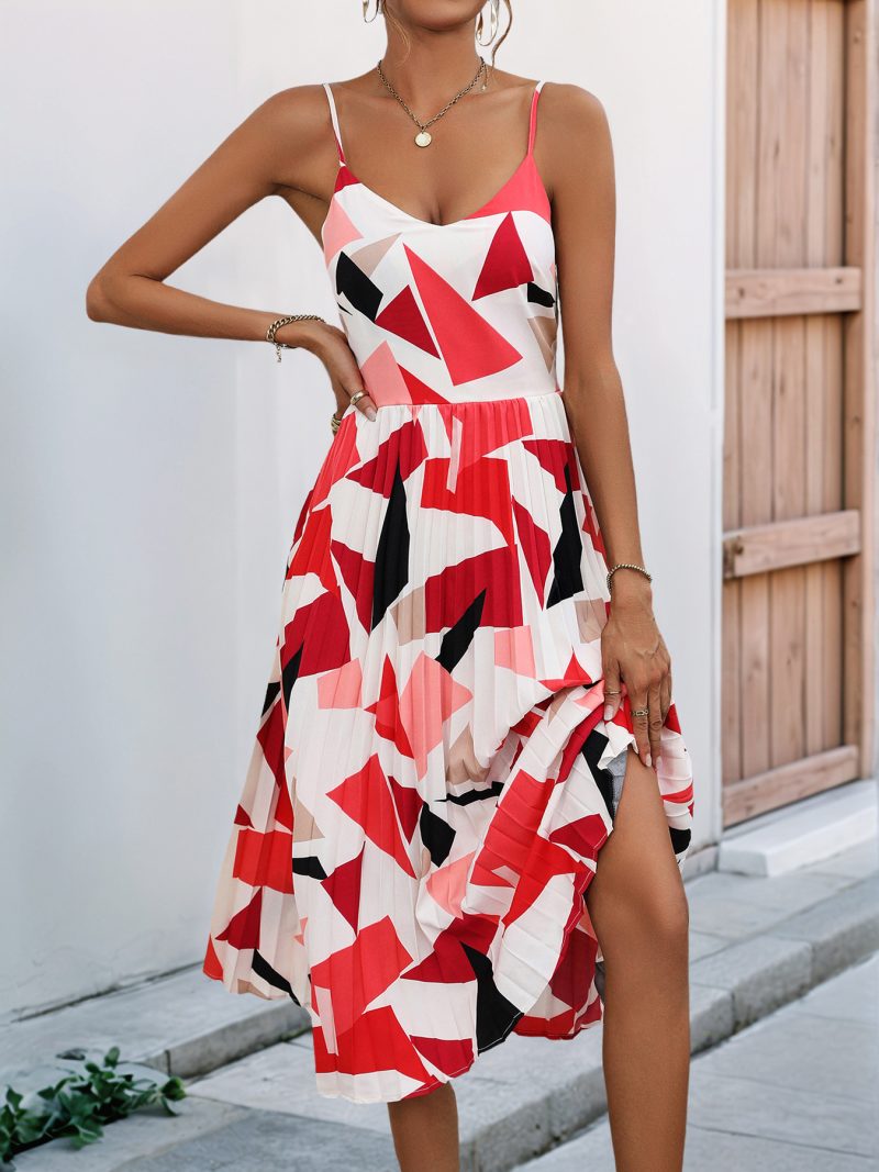 Summer Sling A-Line Midi Geometric Print Dress - Image 4