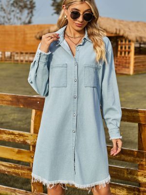 Retro Washed Denim Frayed Casual Dress Women
