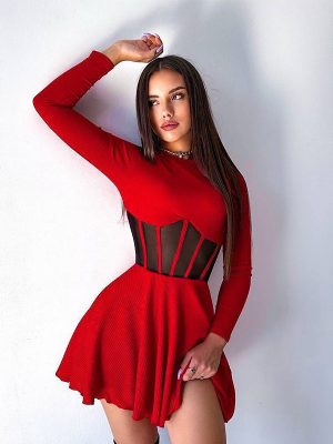 Mesh Patchwork Corset Waist Fall Short Dress