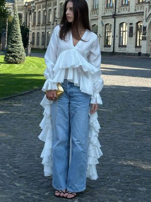 Ruffled Mopping Hem V-Neck Flared Sleeve White Beach Shirt