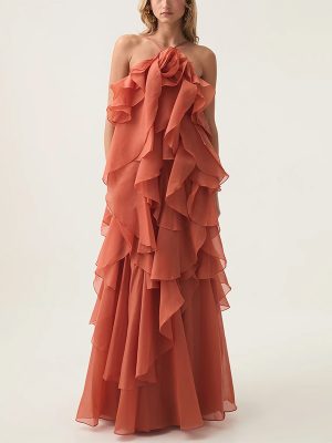 Elegant Patchwork Ruffled Halter Maxi Dress