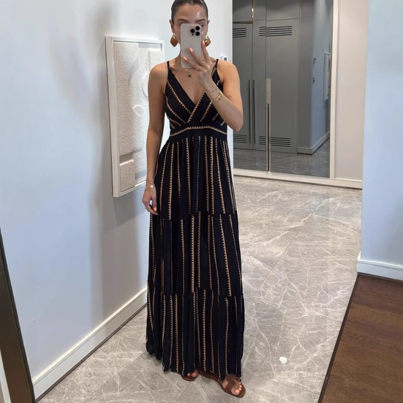 Summer Geometric Print V-Neck Pleated Maxi Dress