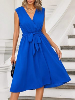 Elegant V-Neck Lace-Up A-Line Dress