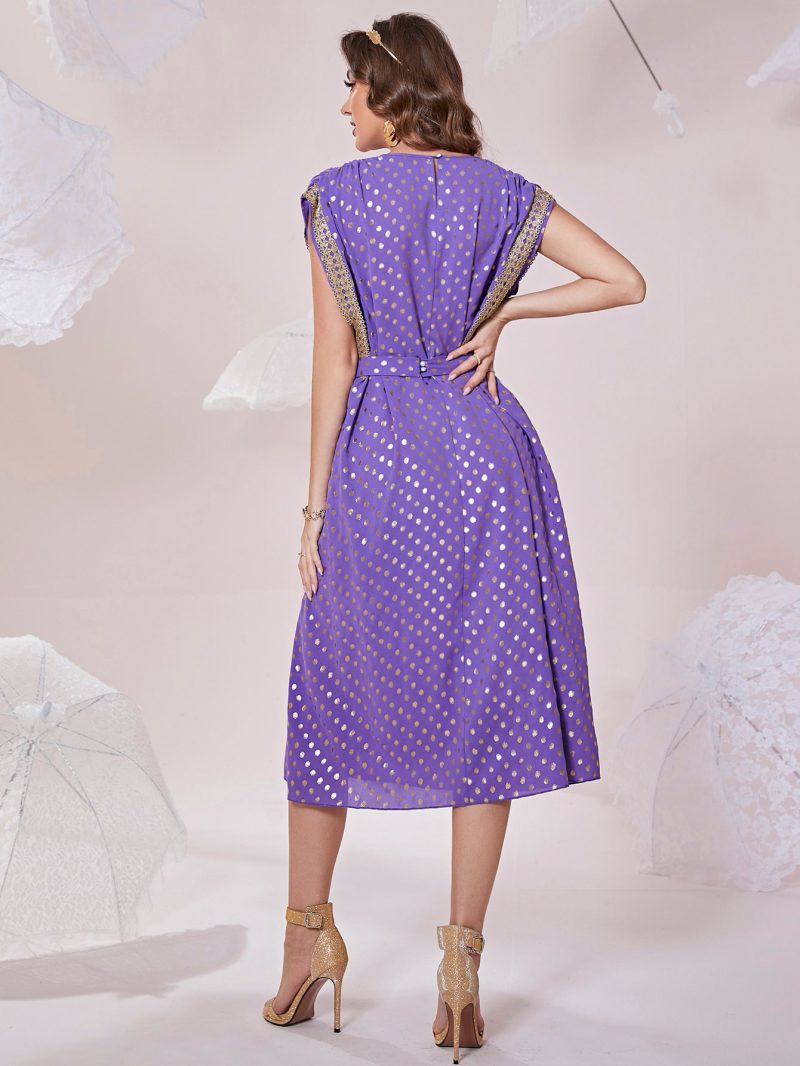 Dubai Muslim Polka Dot Tie Waist Dress - Image 4
