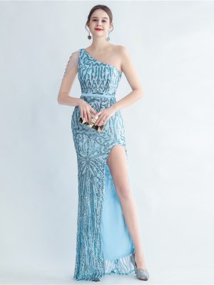 Silk Satin Floral Beaded Oblique Shoulder Fishtail Evening Dress