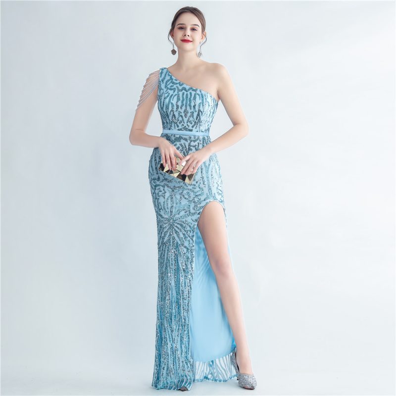 Silk Satin Floral Beaded Oblique Shoulder Fishtail Evening Dress