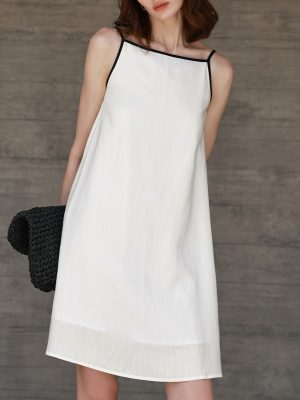 White Contrast Color Cotton Linen Summer Dress