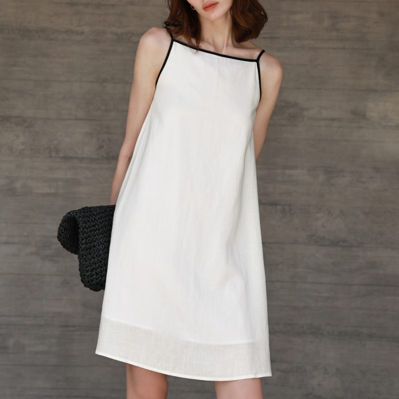 White Contrast Color Cotton Linen Summer Dress