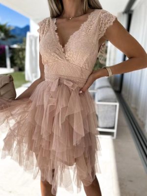 Lace Stitch V-Neck Casual Short Sleeve Dress