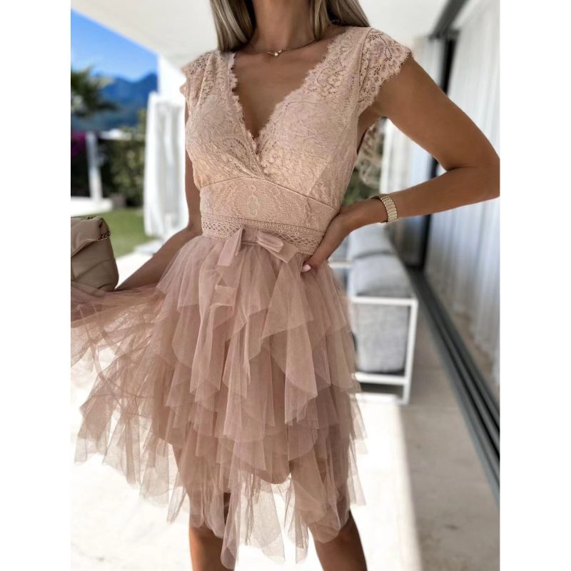 Lace Stitch V-Neck Casual Short Sleeve Dress