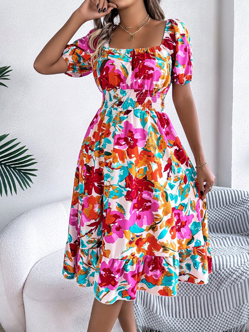 Floral Square Collar Ruffled A-Line Dress - Image 2
