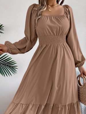 Casual Solid Square Collar Ruffle A-Line Dress