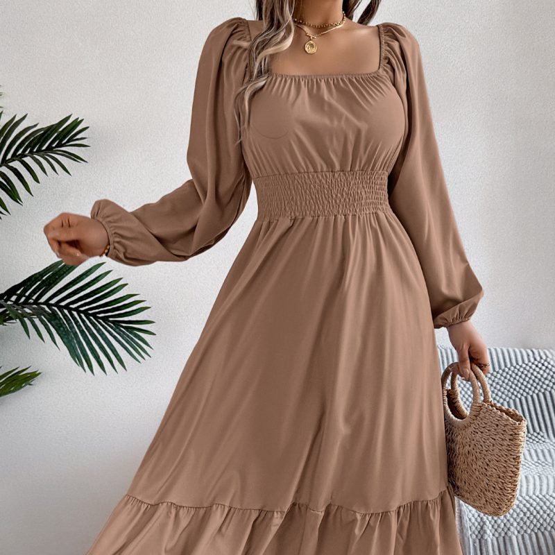 Casual Solid Square Collar Ruffle A-Line Dress