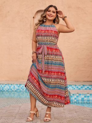 Plus Size Printed Halter Dress – Sleeveless Summer