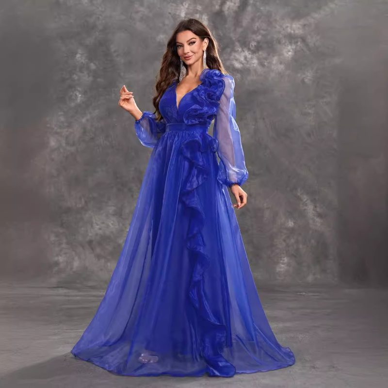 Elegant V-Neck Flounce Long Evening Dress - Image 3