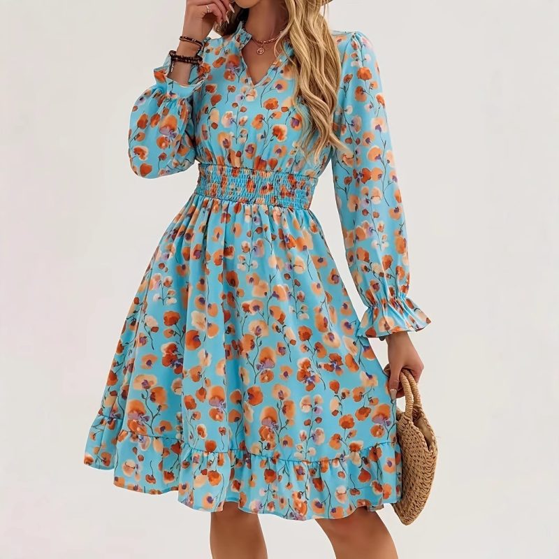 Women's Printed Smocked Waist Spring Casual Dress