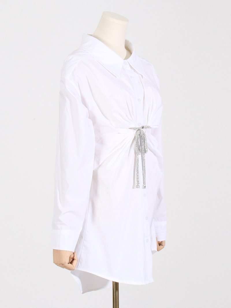 Spring Polo Collar Crystal Embellished Shirt Dress - Image 2