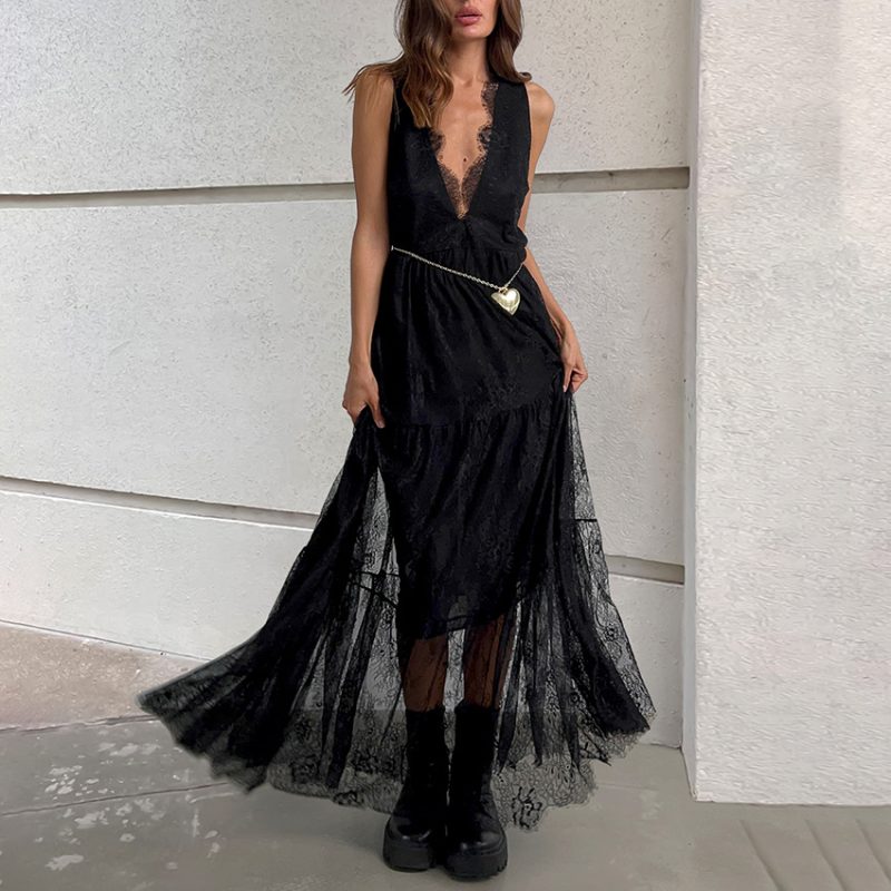 Black Brocade Lace V-Neck Backless Dress - Image 3