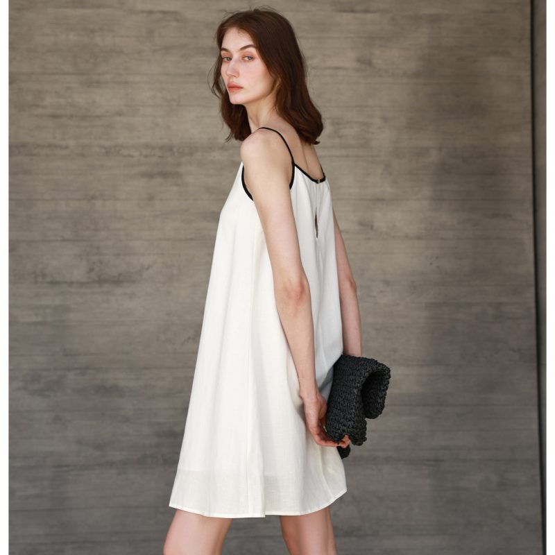 White Contrast Color Cotton Linen Summer Dress - Image 3