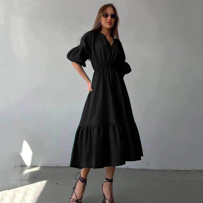 French V-Neck A-Line Office Summer Dress - Image 2